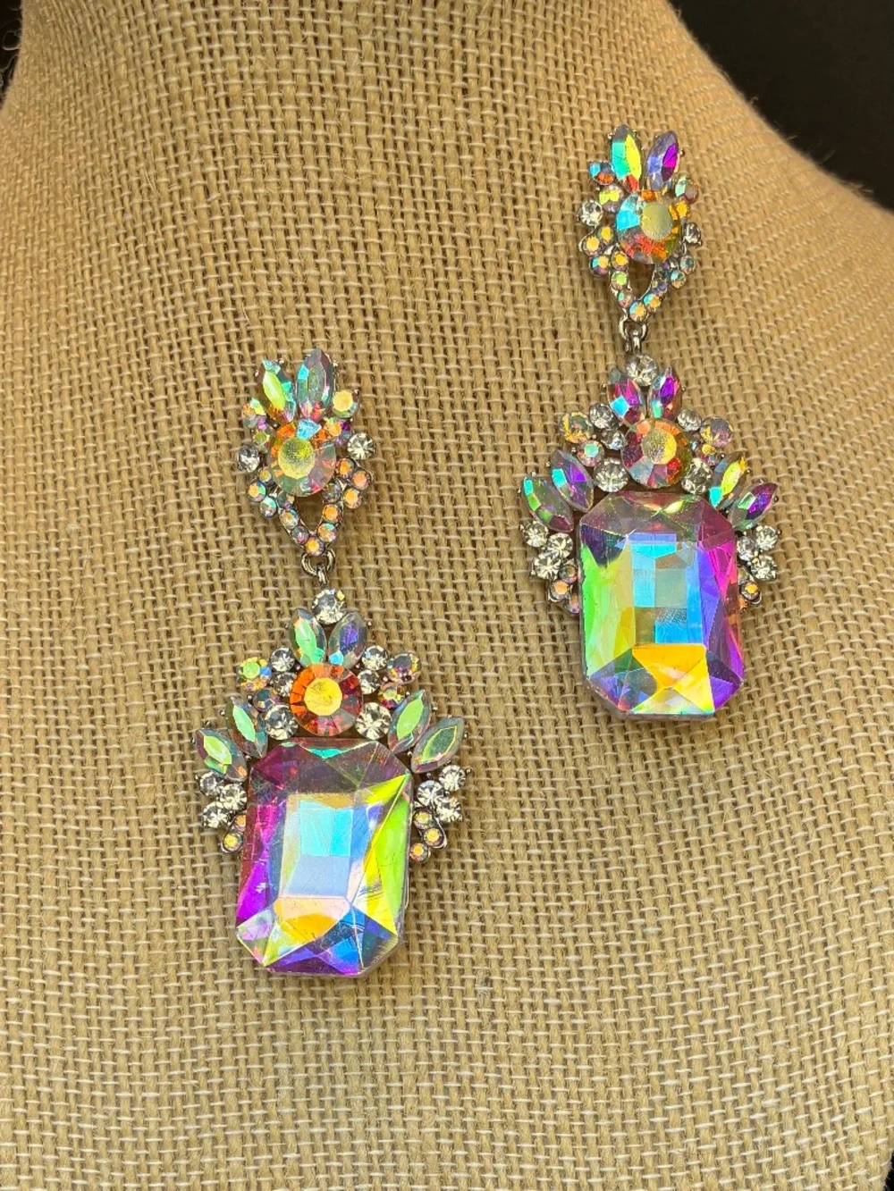 Large Rectangular Iridescent Silver-Tone Rhinestone Earrings - Picture 2 of 7